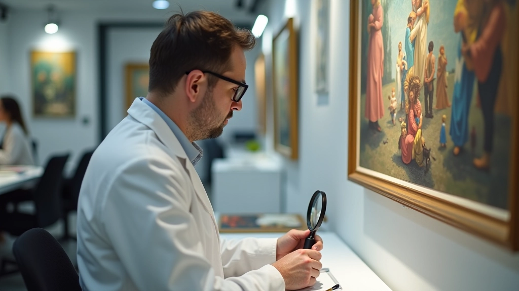 Experto en arte examinando técnicas de pintura y materiales de autenticación con equipos especializados
