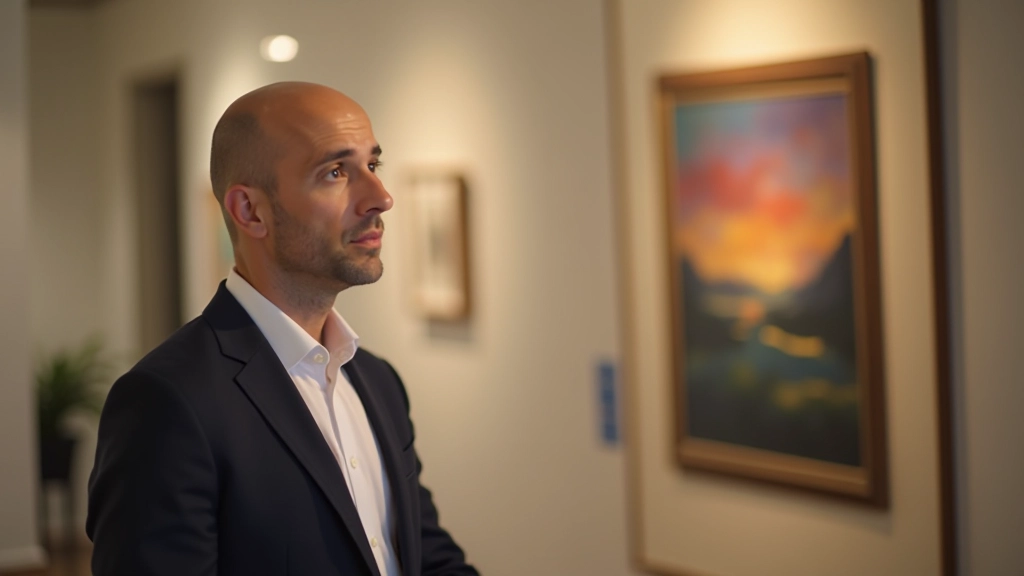 Coleccionista examinando pintura abstracta en galería con iluminación profesional