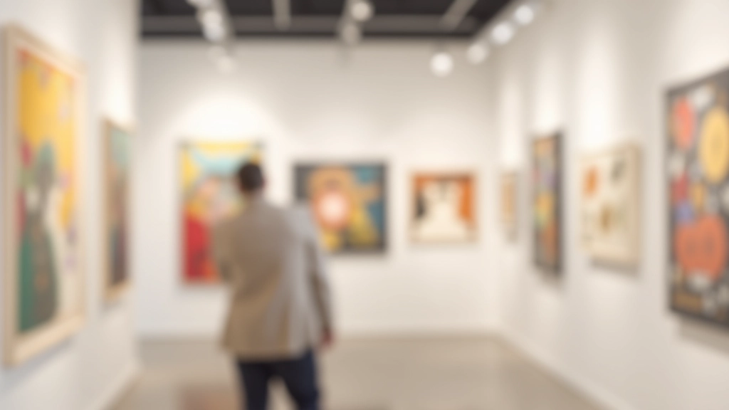 Galería de arte contemporáneo con múltiples obras de diferentes estilos y colores exhibidas en paredes blancas