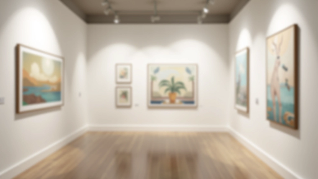 Galería de arte elegante con obras expuestas en paredes blancas, iluminación profesional en Condado