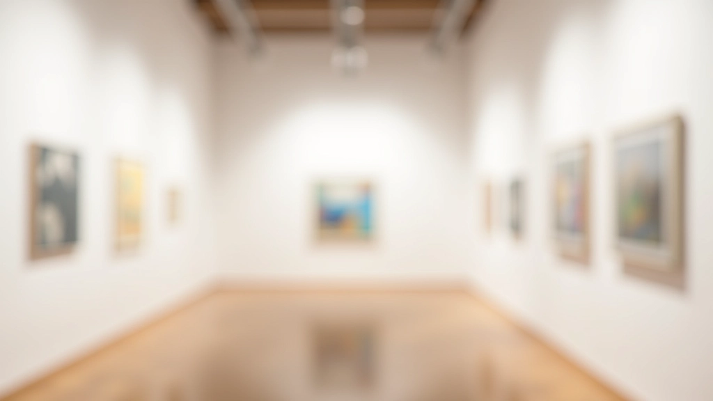 Galería de arte moderna con pinturas coloridas en paredes blancas iluminadas